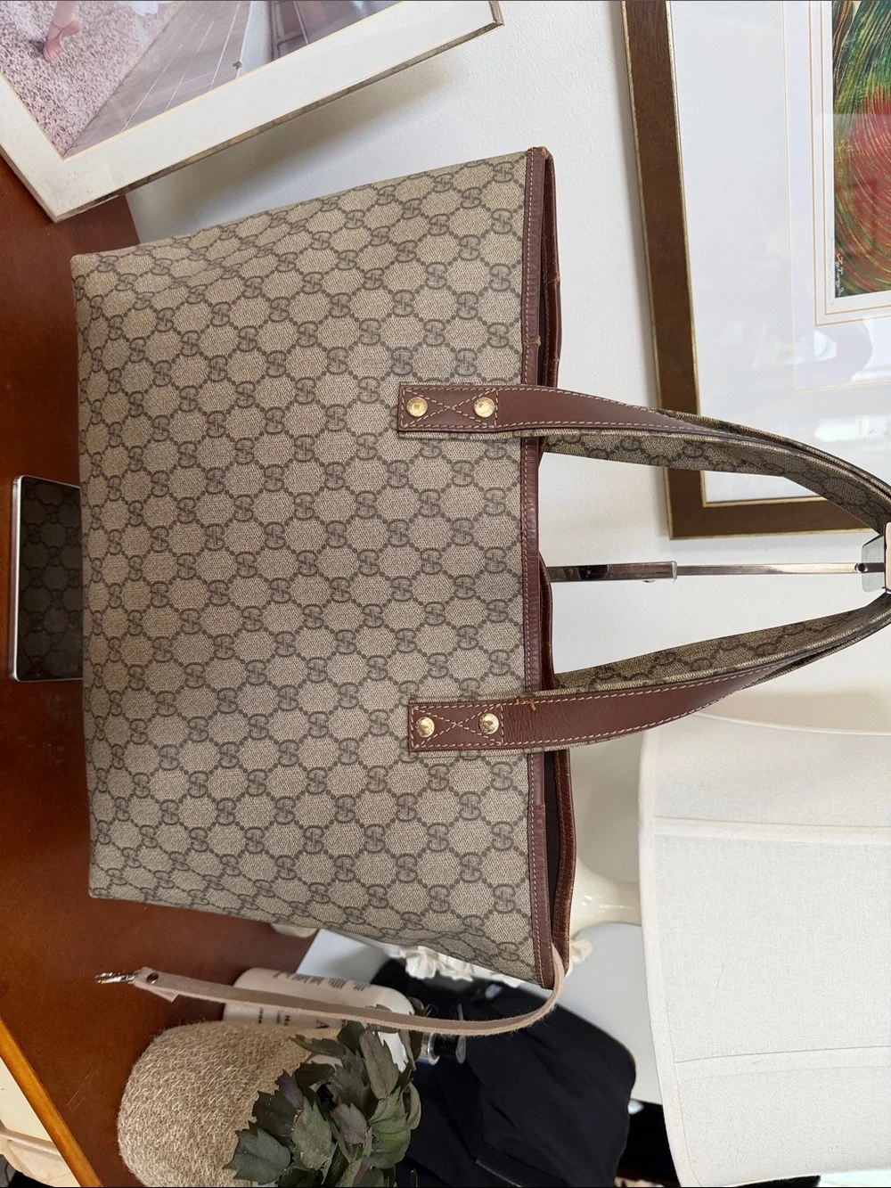 Gucci Beige/Brown GG Canvas Tote with Brown Leather Handles and Green/Red Web